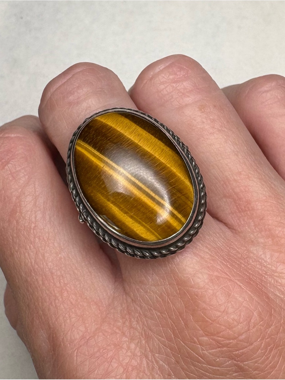 Vintage Sterling Silver Tigers Eye Ring Large Oval Cabochon Boho Statement sz 6